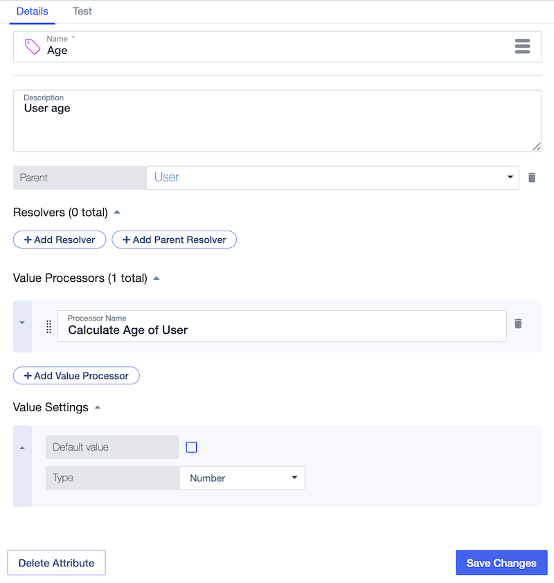 Screen capture of the Age attribute definition with a Calculate Age of User value processor and value type of Number