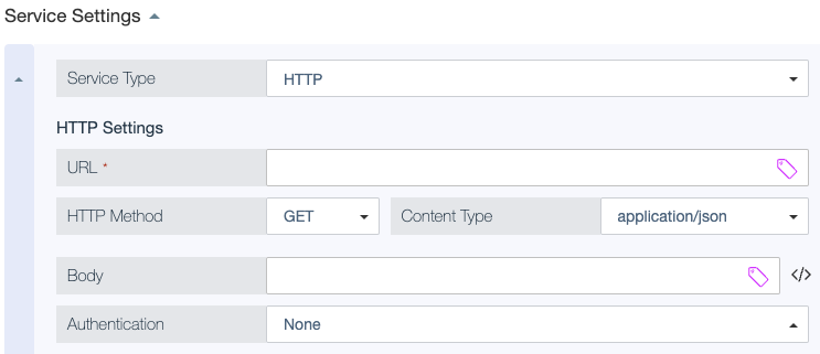 Screen capture showing the Service Type, URL, HTTP Method, Body, and Authentication HTTP service settings.