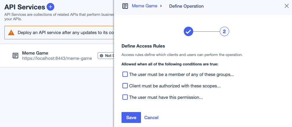 Screen capture of the Define Operation window showing Define Access Rules settings.