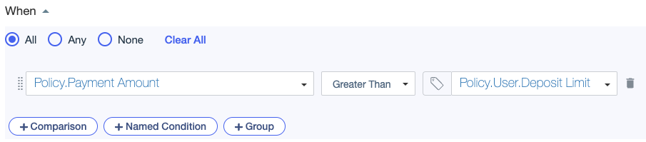 Screen capture showing a condition comparing a Payment Amount attribute to a Deposit Limit attribute using the Greater Than comparator.