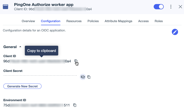 Screen capture of the worker app Configuration tab showing the Client ID, Client Secret, Environment ID, and associated copy icons.