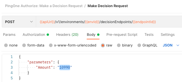 Screen capture of the make decision request body in Postman showing the Amount parameter.