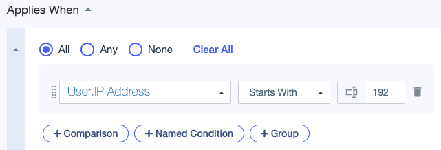 Screen capture showing a condition comparing an IP address attribute to a constant value of 192 using the Starts With comparator.