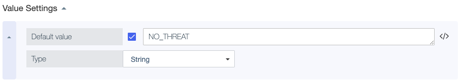 Screen capture showing the Default Value check box, a default value of NO_THREAT, and the Type field set to String in attribute Value Settings.