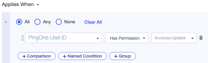 Screen capture showing a condition comparing a User ID attribute to an Invoices:Update permission using the Has Permission comparator.