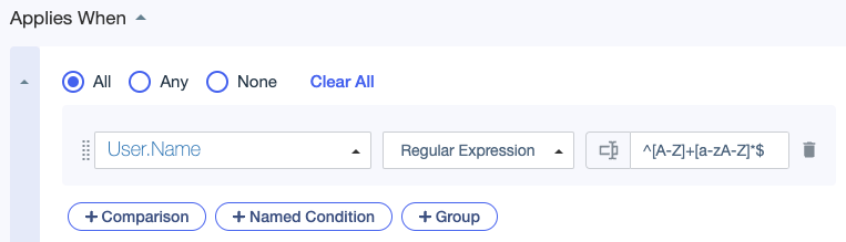 Screen capture showing a condition comparing a Name attribute to a regular expression using the Regular Expression comparator.