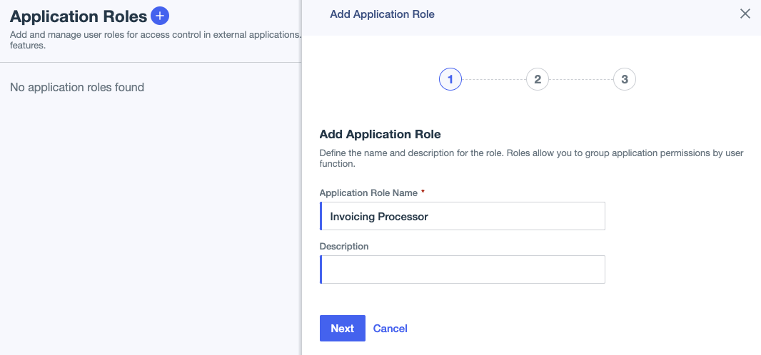 Screen capture showing the Application Role Name and Description fields in the Add Application Role window.