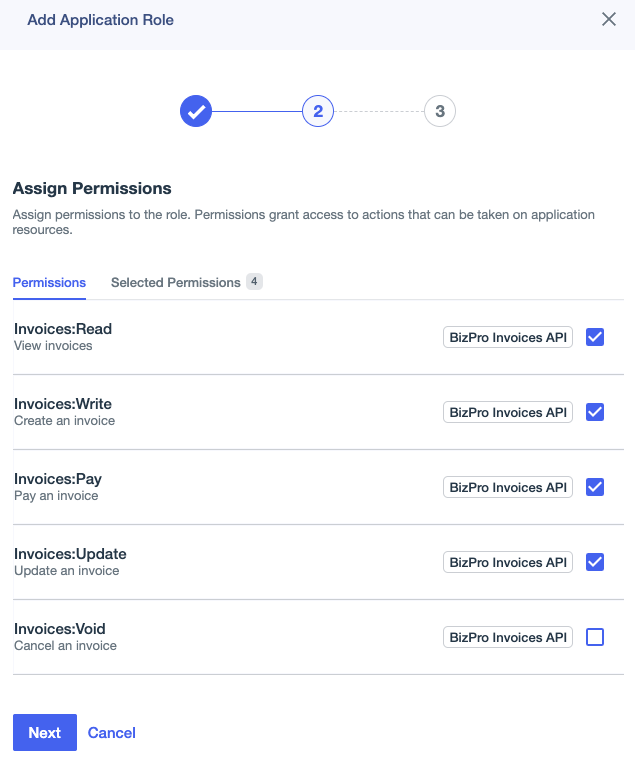 Screen capture showing selected permission check boxes in the Assign Permissions window.