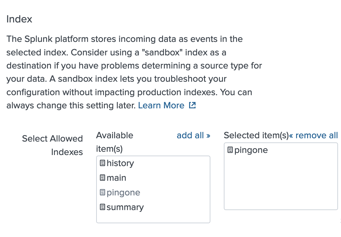 A screen capture of the Splunk Index page with 