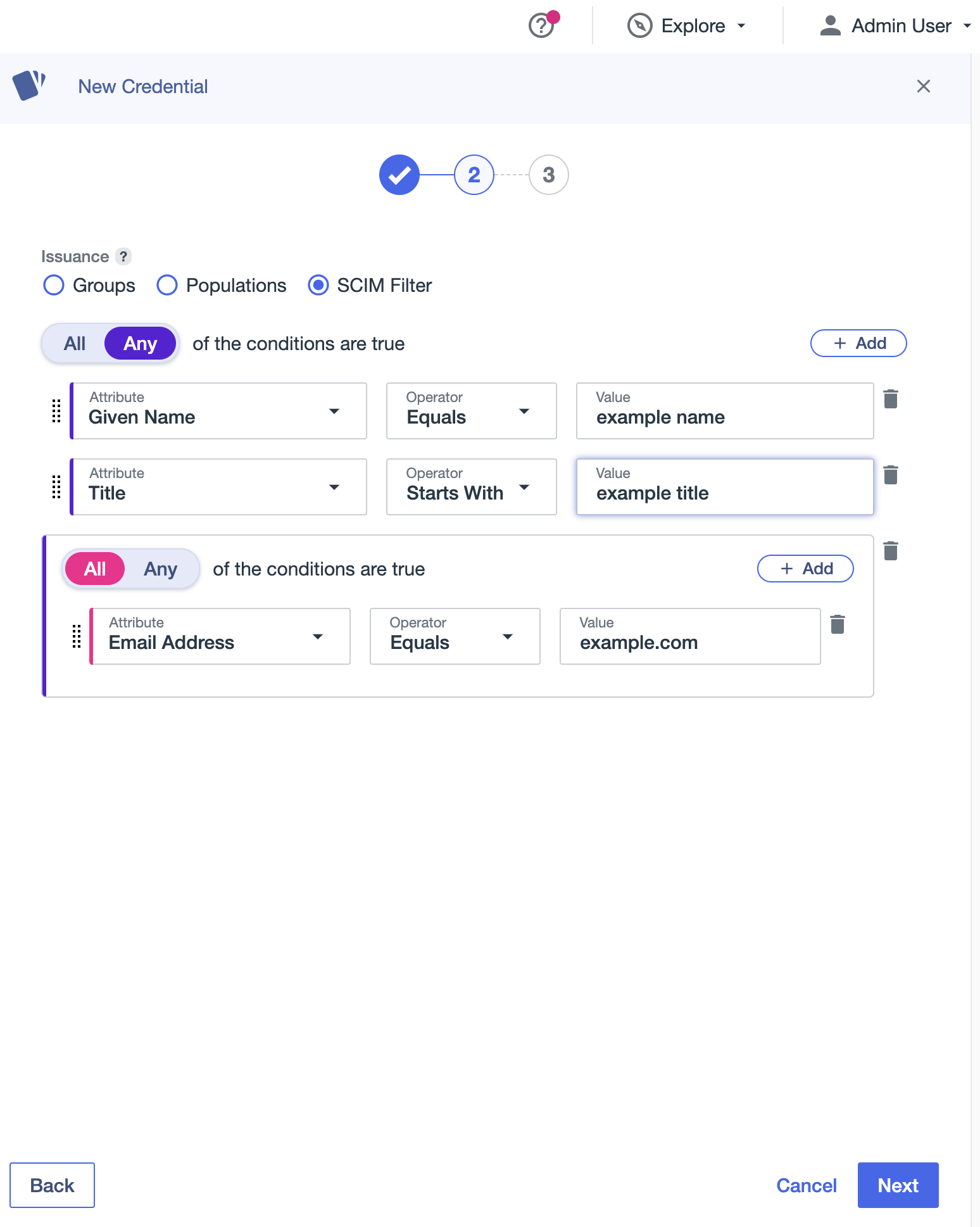 A screen capture of Credentials SCIM Filter attribute.