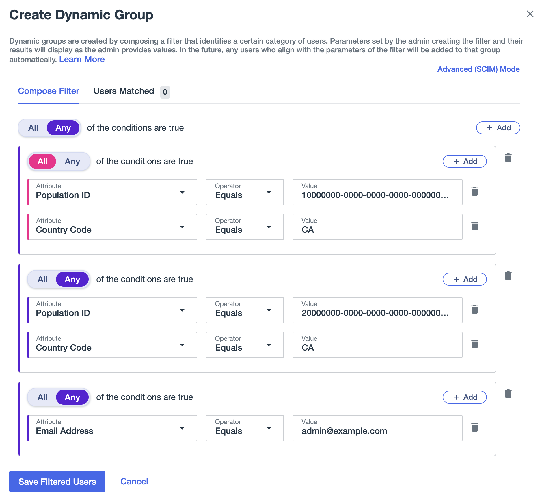 Screen Capture of the Create a Dynamic Group page showing a filter of Any and All with the Attributes Population ID, Country Code and Email Address.