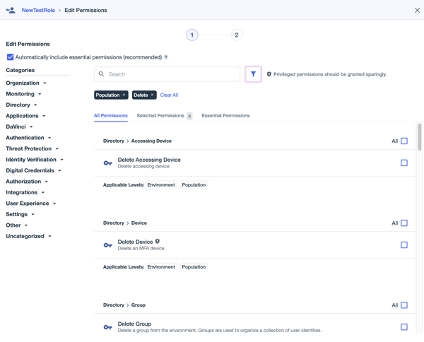 alt A screenshot showing permissions found when selecting Population and Delete from the Filter box.