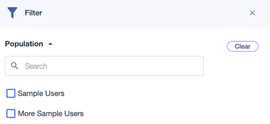 A screen capture of the Population filter in the Groups filter panel showing the search field and two populations.