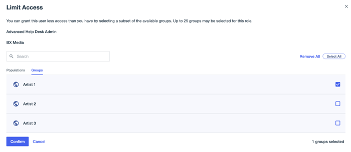 A screen capture of the Limit Access modal showing the available groups the Advanced Help Desk Admin role can be scoped over. The Artist 1 group checkbox is selected.