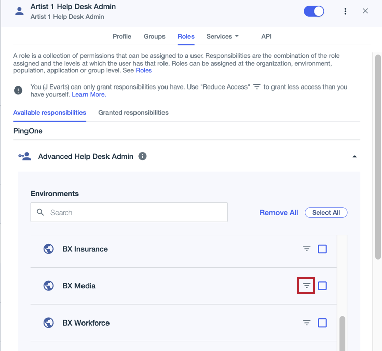 A screen capture of the Roles tab on the Artist 1 Help Desk Admin user details panel with the Advanced Help Desk Admin role expanded. The reduce access icon is outlined in a red box.