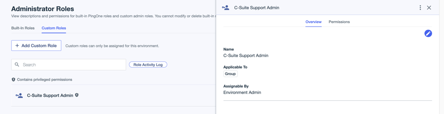 A screen capture showing the custom C-Suite Support Admin role.