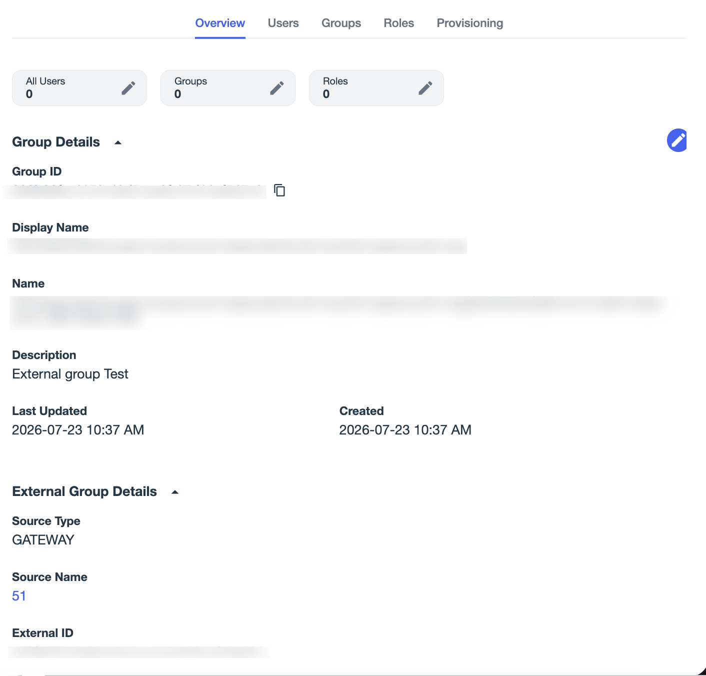 A screenshot of an the Overview tab for an external group.