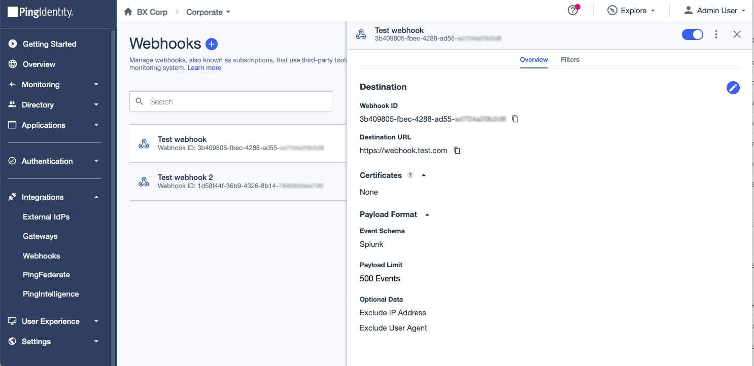 Screenshot of the p1-webhooks-overview page