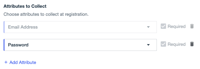 A screenshot of the Attributes to Collect options for an Identifier First experience. The Email Address and Password attributes are selected. Both are marked as required, but Password can be removed or marked optional.