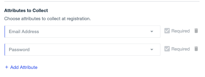 A screenshot of the Attributes to Collect options when the Username and Password sign-on pattern is selected. The Email Address and Password attributes are selected and required.
