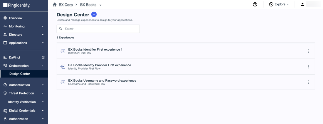A screenshot of the Design Center page showing a list of experiences.