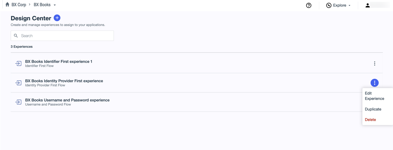 A screenshot of the Design Center page showing the list of three available experiences and the More Options menu.