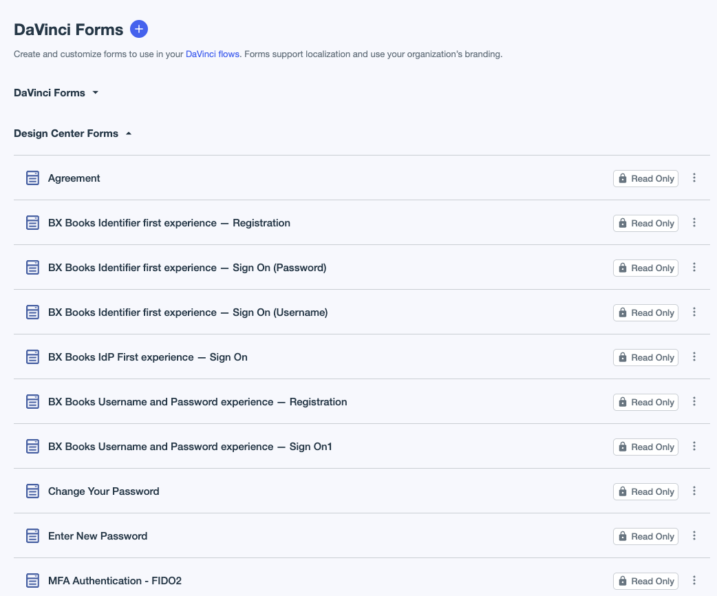 A screenshot of the Forms page showing the read-only forms for experiences.