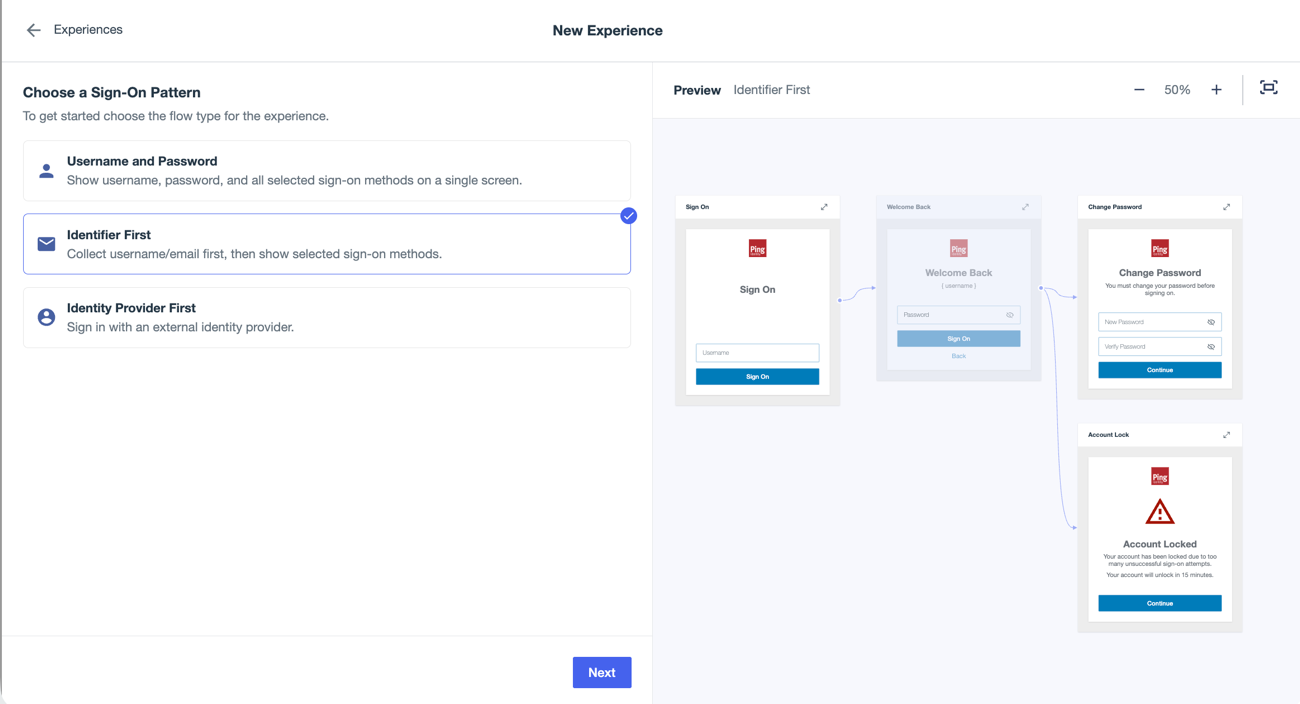 A screenshot of the Choose a Sign-On Pattern page with the Identifier First sign-on type selected. The Preview pane on the right shows a visualization of the experience you’re building.