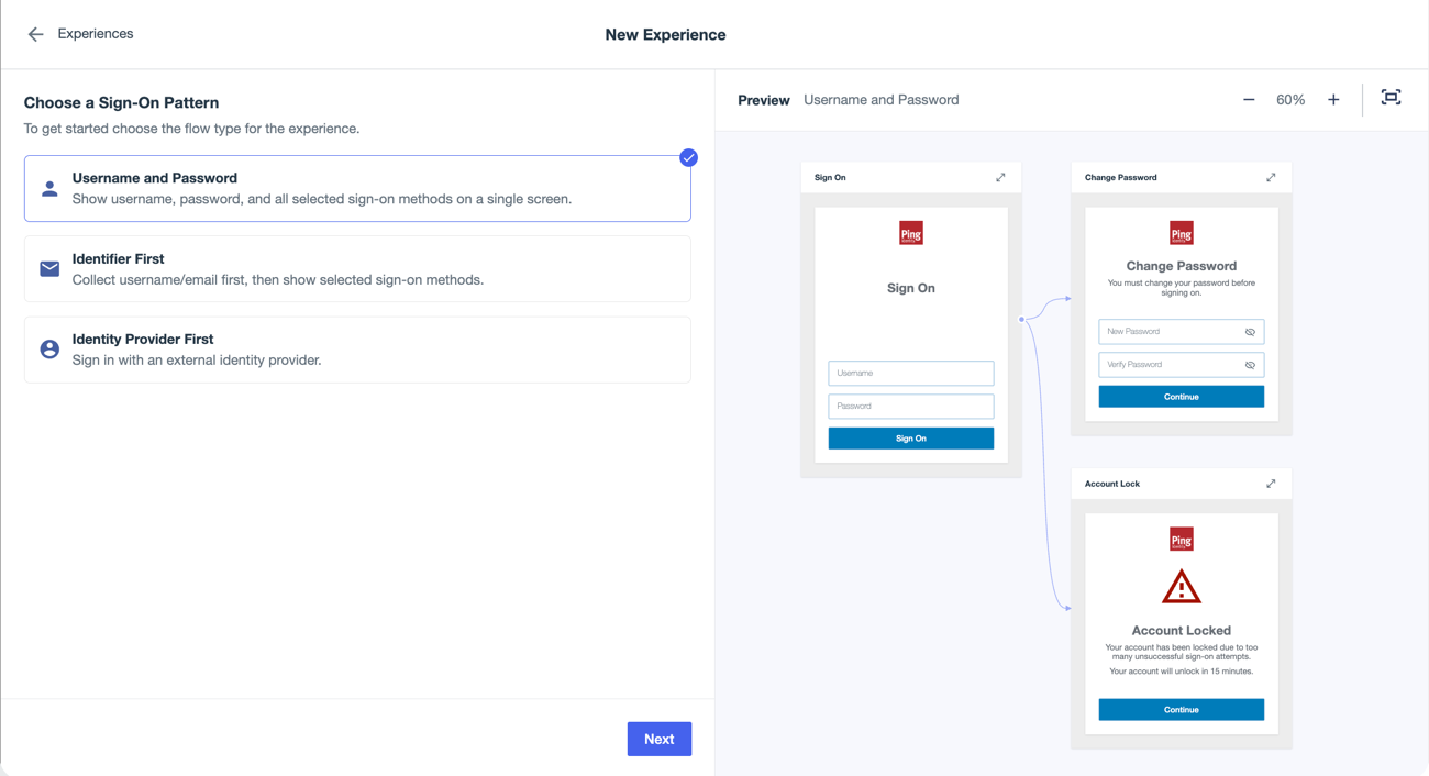 A screenshot of the Choose a Sign-On Pattern page with Username and Password selected. The Preview pane on the right shows a visualization of the experience you’re building.