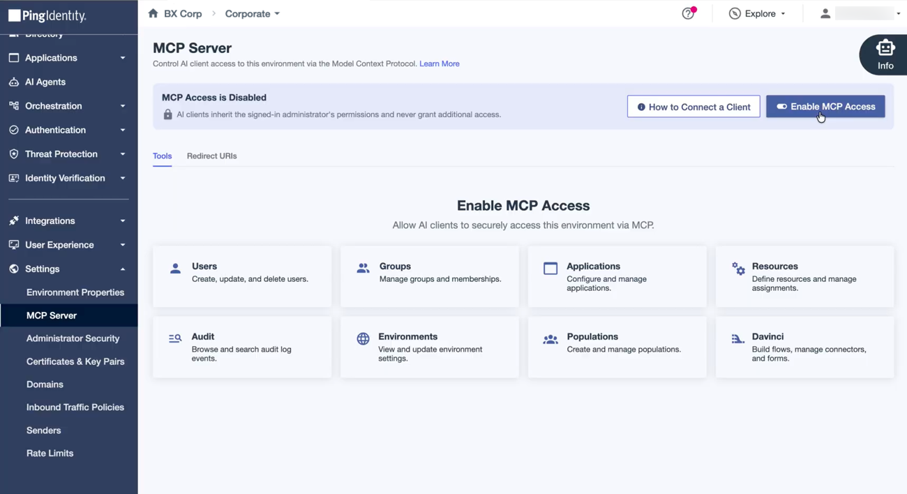 A screenshot of the MCP Server settings page in the PingOne admin console.