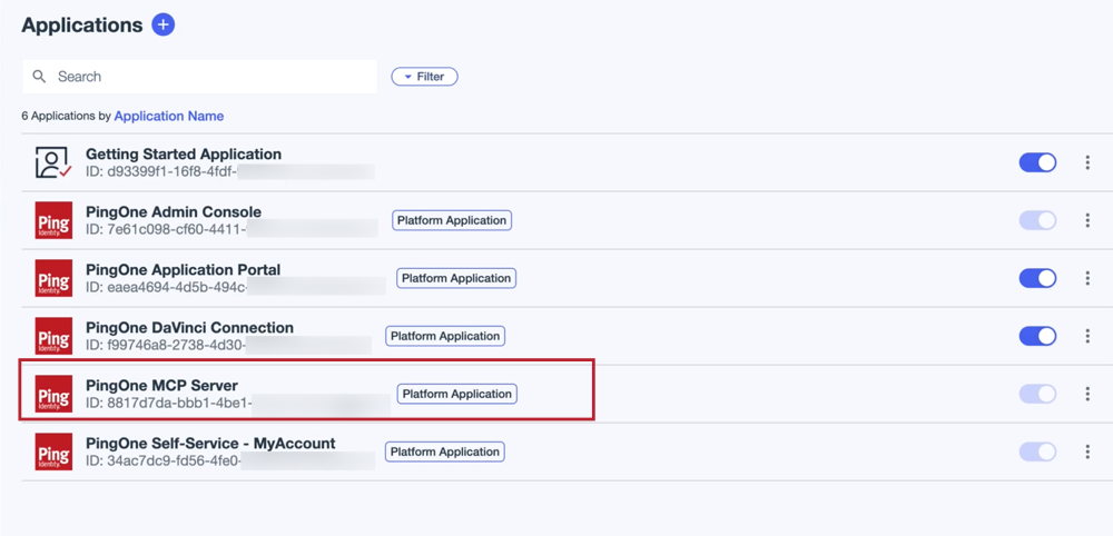 A screenshot of the PingOne Applications page showing the new MCP Server system application.
