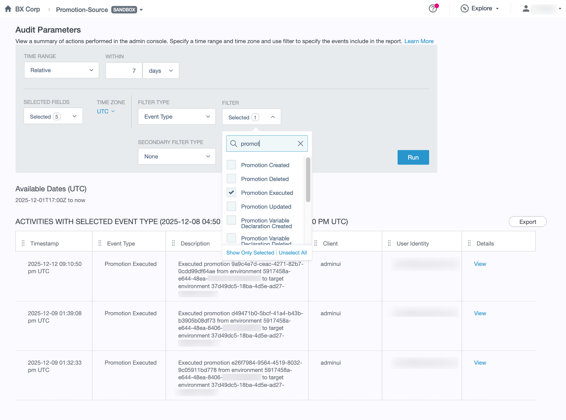 A screenshot of the Audit Parameters page with the Promotion events listed and the Promotion Executed event selected.