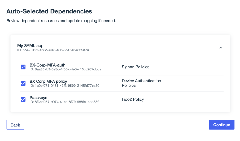 A screenshot of the Auto-Selected Dependencies page listing the dependent policies.
