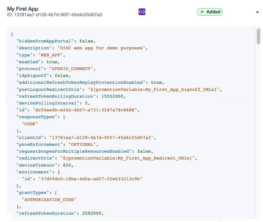 A screenshot of the JSON for My First App, showing the configured variables and other details.
