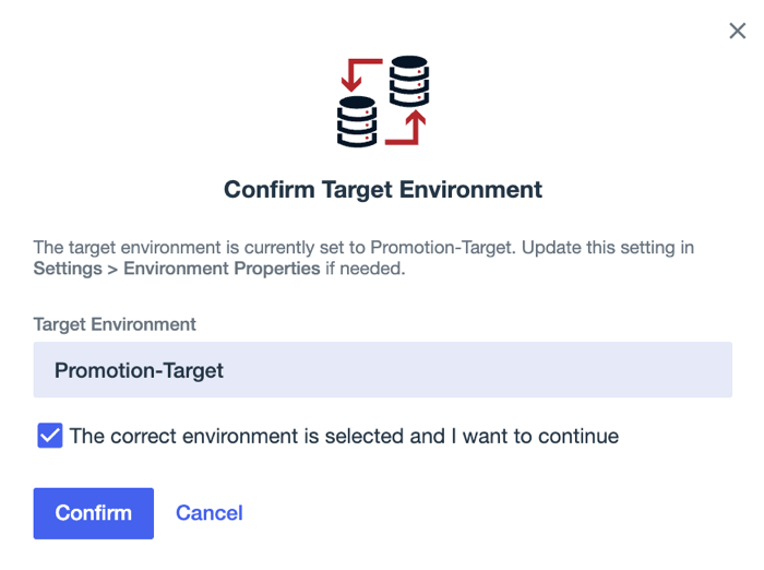 A screenshot of the Confirm Target Environment modal with Promotion-Target selected in the Target Environment list and the confirmation checkbox selected.