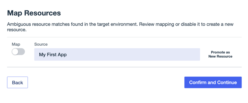 A screenshot of the Map Resources modal showing My First App in the Source field.