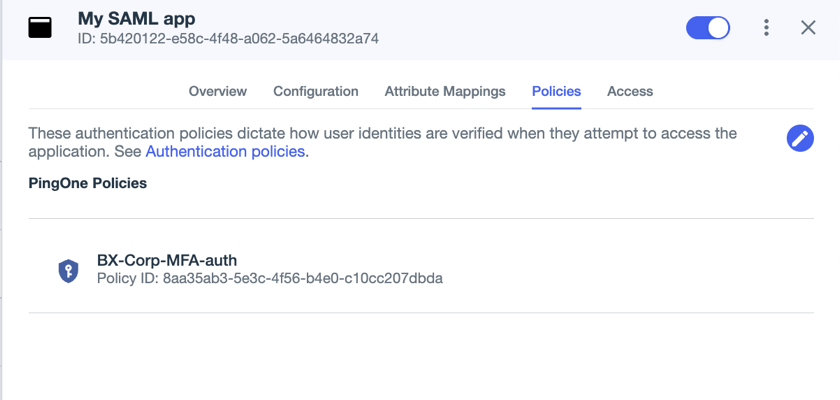 A screenshot of the Policies tab for My SAML app, showing the BX-Corp-MFA-auth policy assigned.
