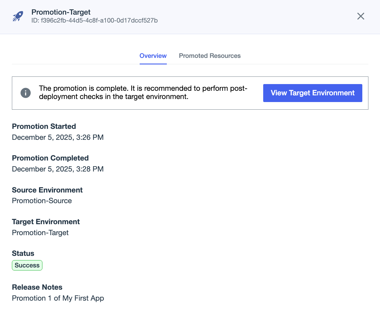 A screenshot of the Overview tab for the initial promotion of My First App.