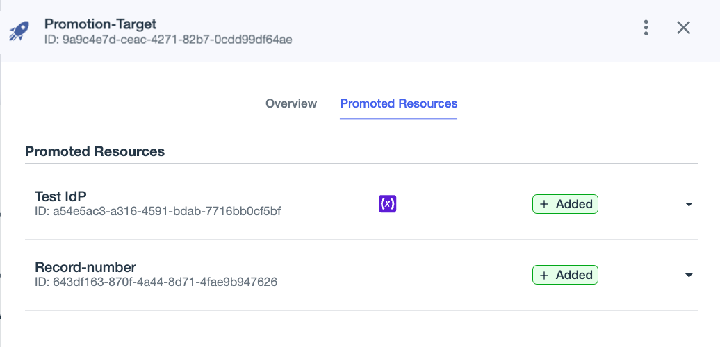 A screenshot of the Promoted Resources tab for the initial promotion of Test IdP.