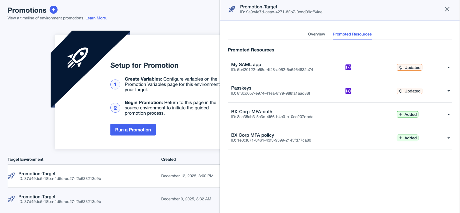 A screenshot of the Promoted Resources tab of the promotion details panel showing the list of promoted resources, including My SAML App and its dependencies.