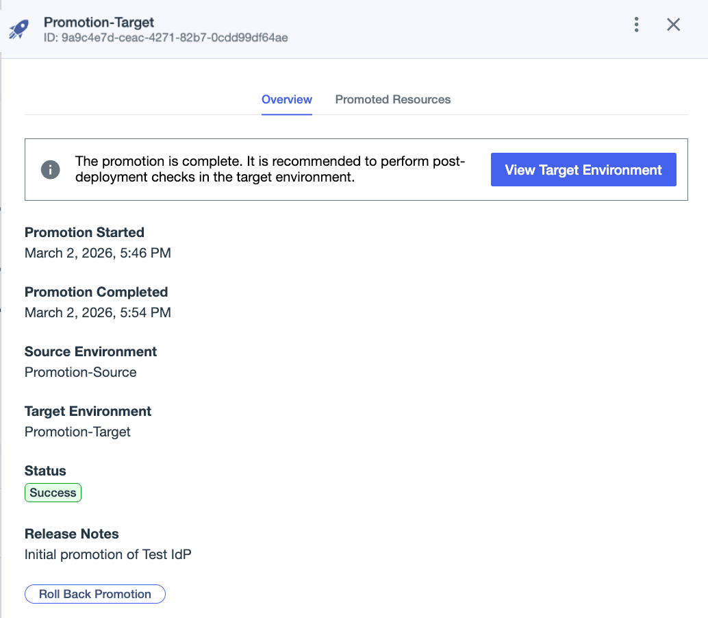 A screenshot of the Overview tab for the initial promotion of Test IdP.