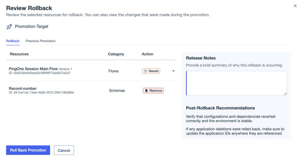 A screen capture of the Review Rollback page showing the Rollback tab and listing two resources that will be rolled back.