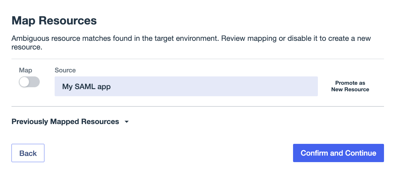 A screen shot of the Map Resources modal with My SAML App in the Source field.