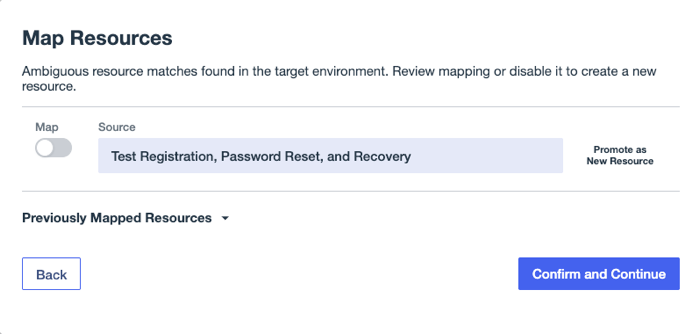A screenshot of the Map Resources page showing that the Test Registration, Password Reset, and Recovery flow will be created as a new resource.