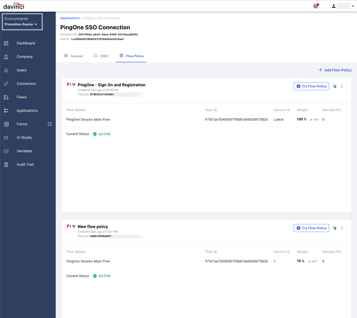 A screenshot of the PingOne SSO Connection application Flow Policy tab showing the two flow policies it references.