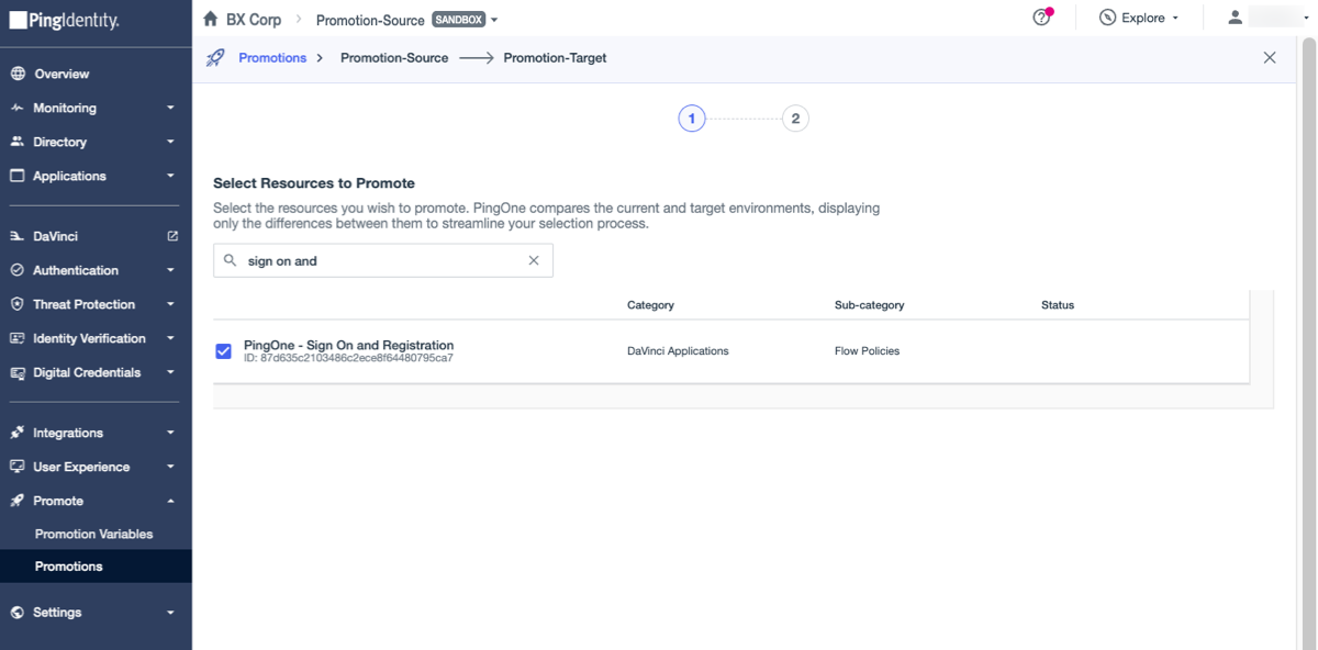 A screenshot of the Select Resources to Promote page showing the PingOne Sign On and Registration flow policy selected.