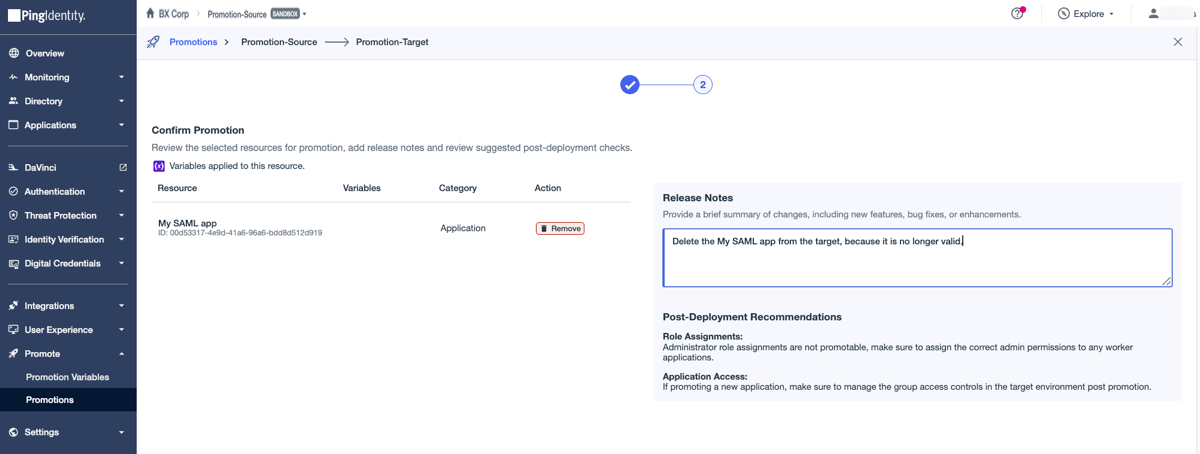 A screenshot of the Confirm Promotion page showing the My SAML app and release notes .
