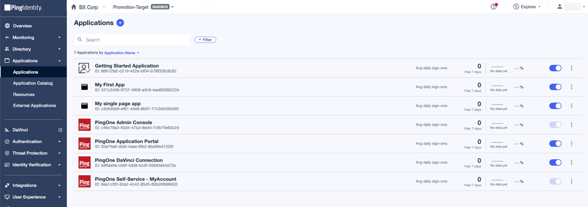 A screenshot of the applications list in the target environment. My SAML app is not present.