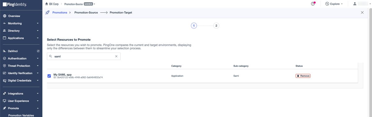 A screenshot of the Select Resources to Promote page showing the My SAML app selected with a Removed label in the Status column.