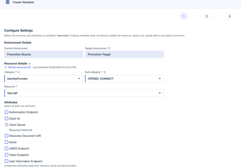 A screen capture of the Create Variables workflow showing Identity Provider in the Category field, OPENID_CONNECT in the Sub-category field, and TestIdP in the Resource field.